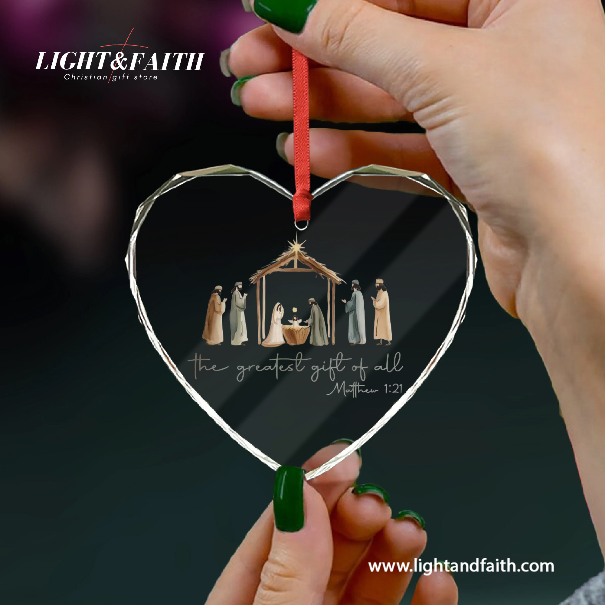 The Greatest Gift of All Glass Ornament, Nativity Scene Ornament, Matthew 1:21 Christian Christmas Decor, Holy Family Faith Gift, Religious Tree Decoration DCLAF51